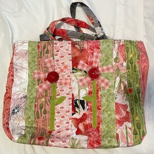 Reversible Handmade Poppy Quilted Patchwork Cotton Tote Bag  Cottagecore or Boho